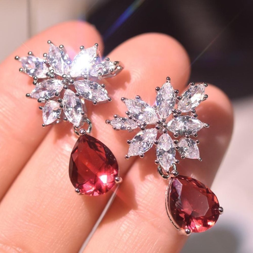 🍁Water Drop Ruby CZ Shiny Leaf Pear Drop Earrings, GPMB1412